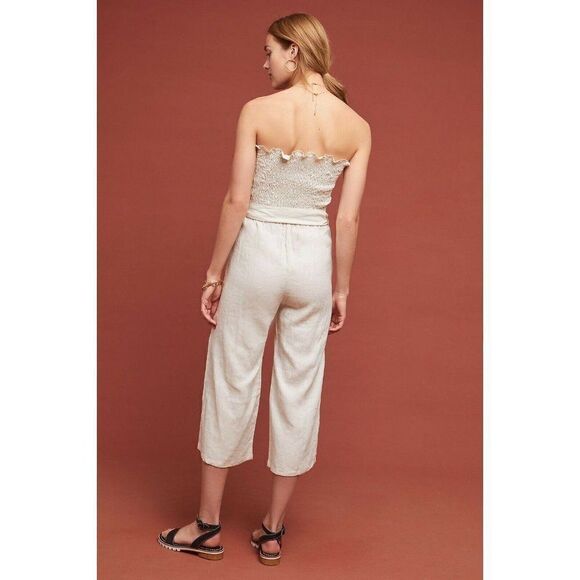 NEW FAITHFULL THE BRAND Sz 4 S LAIS SMOCKED BELTED LINEN STRAPLESS JUMPSUIT BONE - Picture 3 of 4